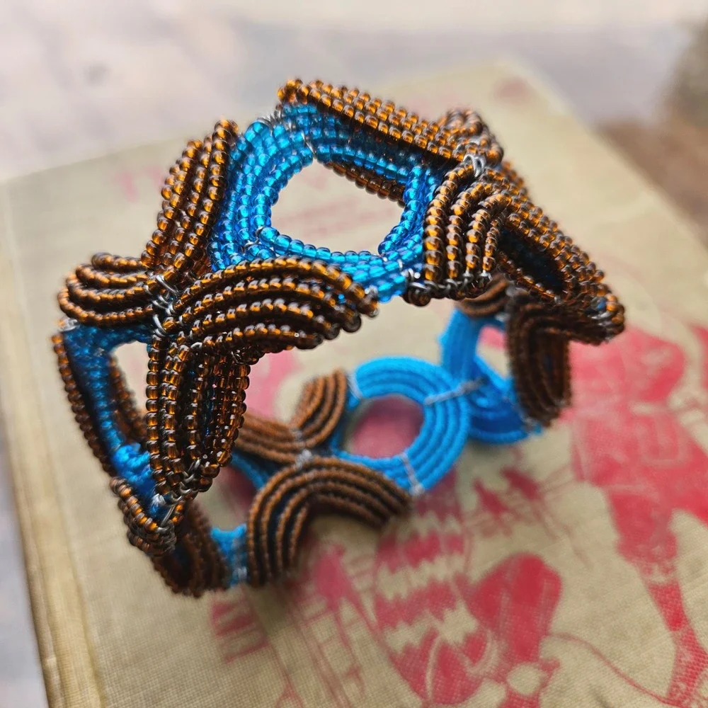 Handmade Beaded Wire Bracelet Brown Blue Geometric Statement Bangle